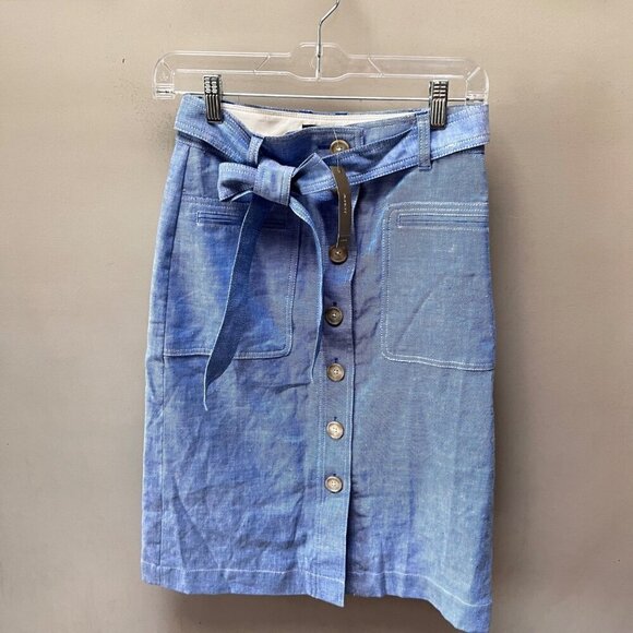 NEW J.Crew Women's Blue Button-Front Belted Skirt Size 0 Linen‎ Blend - Picture 1 of 7